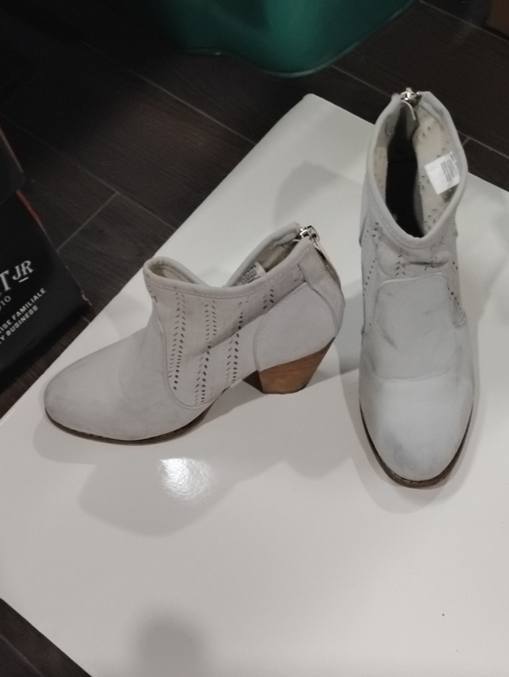 Call It Spring Light Gray Suede Ankle Booties with Low Stacked Heel